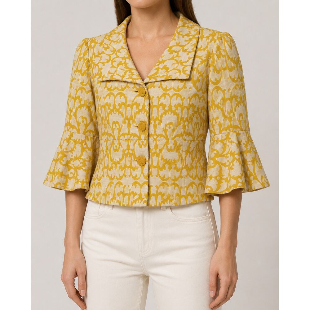 Semantiks Peplum Yellow Ivory Damask Linen Cotton Blend Lined Jacket Size 4